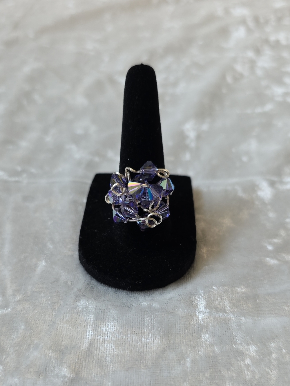 Handcrafted Purple Crystal Cluster Wire Ring Sz 7